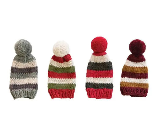 Striped Knit Hat Bottle Topper with Pom Pom