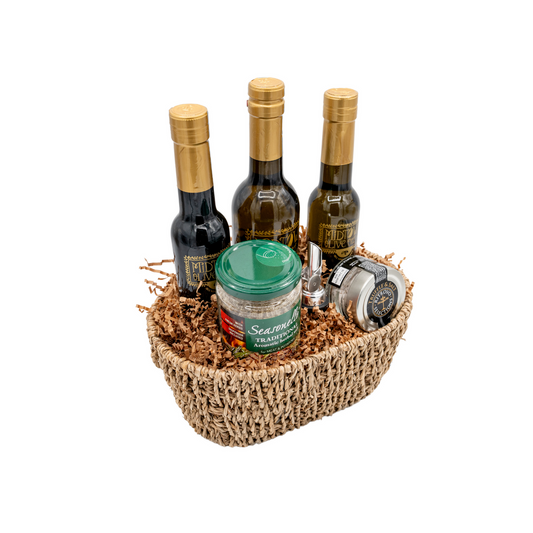 For the person who loves to grill, roast or sauté, this basket covers all the bases! Comes with a 375 ml bottle of our best-selling flavored oil Tuscan Herb, a 200 ml bottle of the award-winning Picual Ultra Premium EVOO, a 200 ml bottle of our Traditional Balsamic vinegar, a jar of the award-winning Casina Rossa Truffle &amp; Salt, a jar of Seasonella Bologna Aromatic Herbal salt and a silver self-closing pour spout in a seagrass container